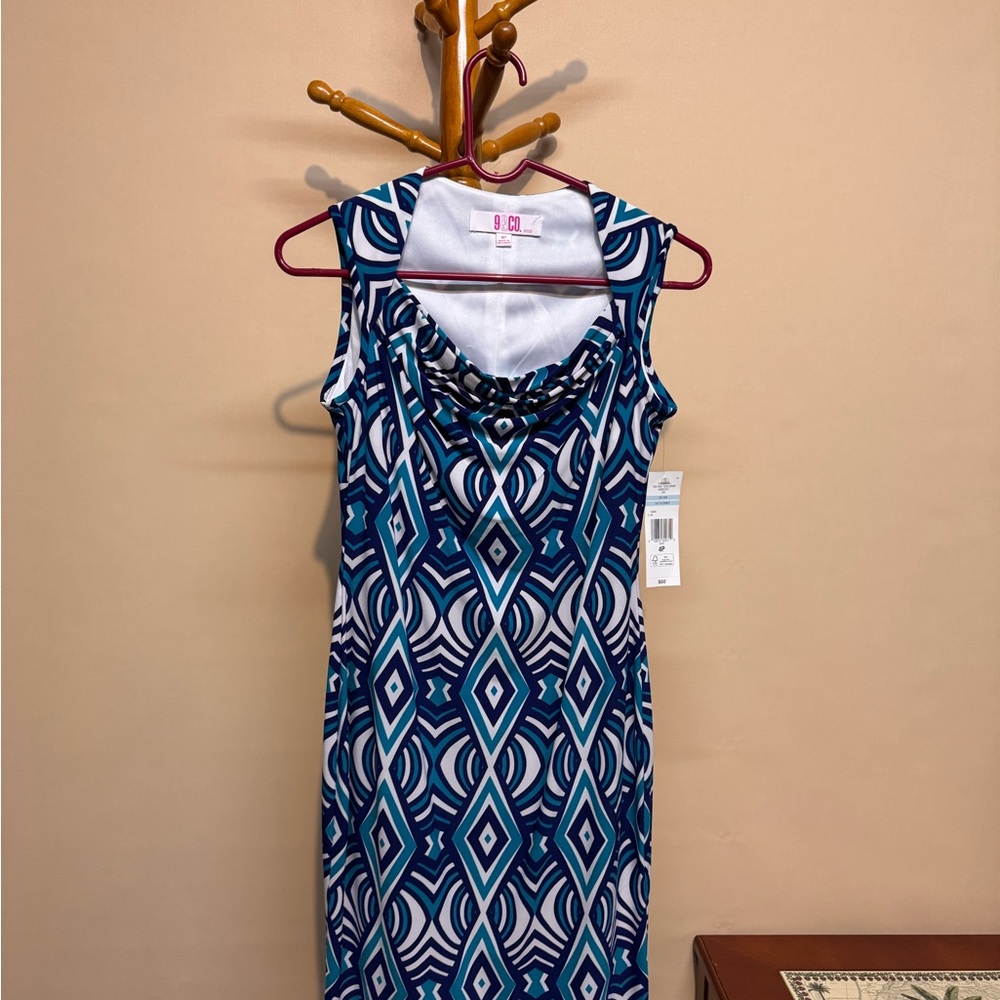 9 & Co Cowl Neck Sleeveless Midi Dress in Navy Geometric Print Size 4P